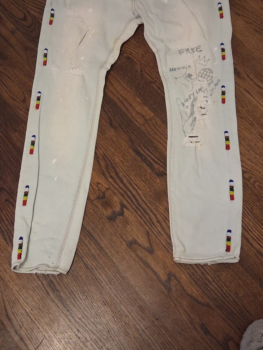 Akoo Light Wash Relaxed Jeans with Multicolor Bead Trim